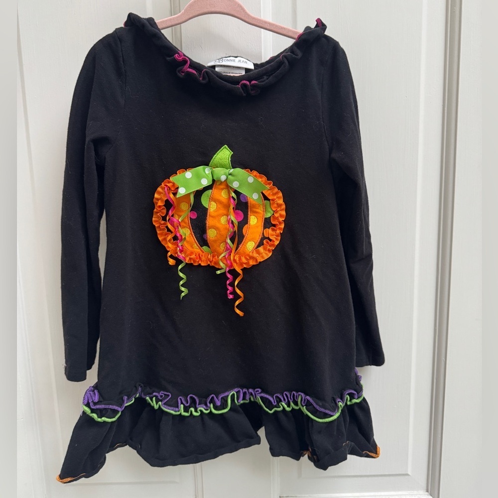 Bonnie Jean Girls Size 5 Black Orange Pumpkin Ruffle Long Sleeve Halloween Dress